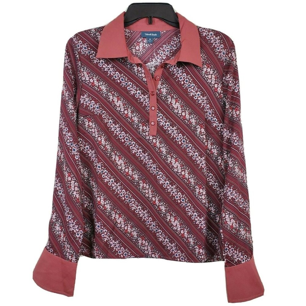 ModCloth Womens Henley Shirt sz M Burgundy Pink Floral Stripe Long Sleeve
